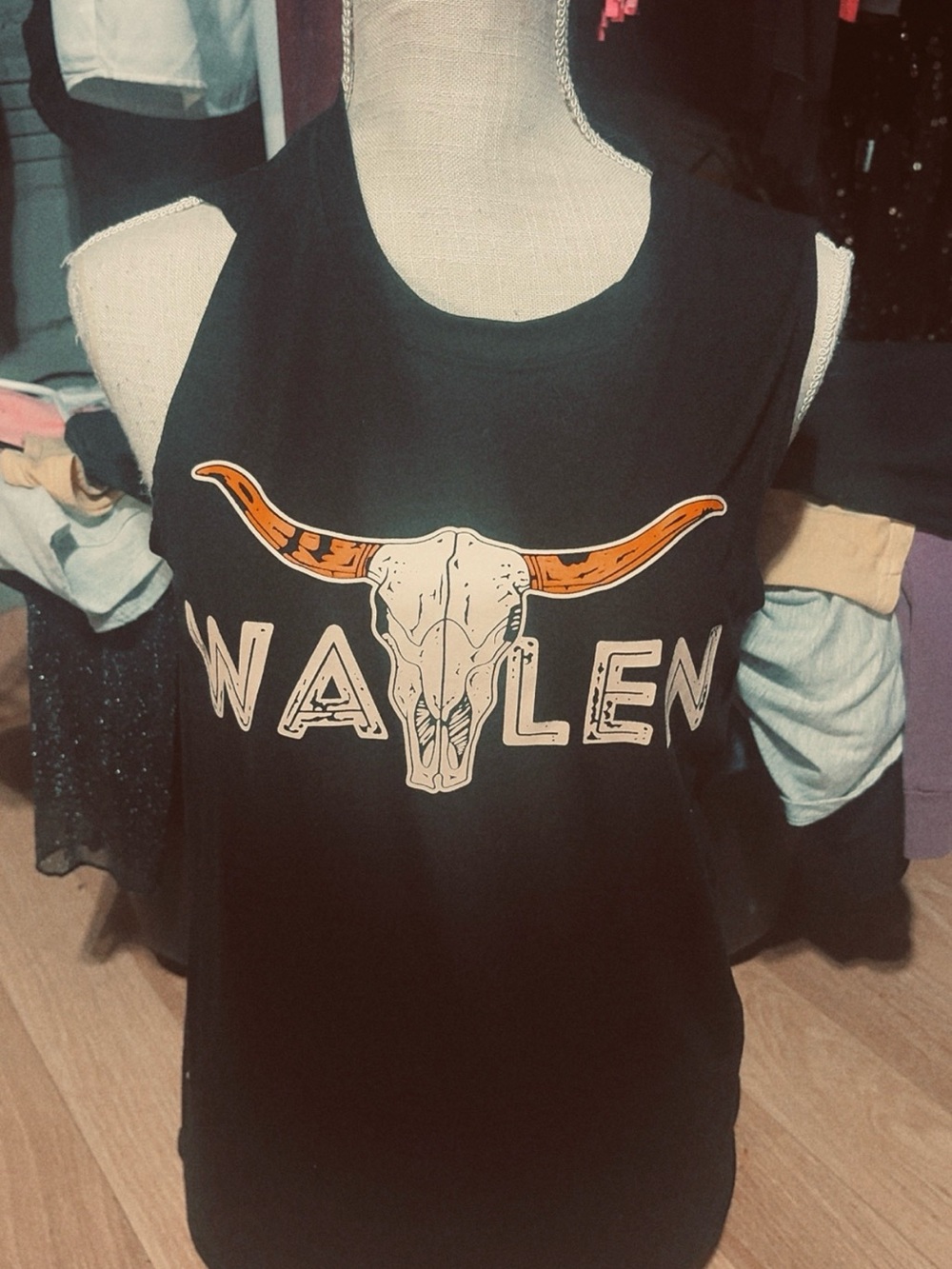 Black Graphic Tank Top with Longhorn Skull